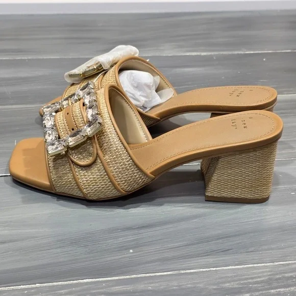 A New Day Kathleen Sandals Raffia Rhinestone Buckle Block Heel Mules Square Toe - Picture 4 of 15